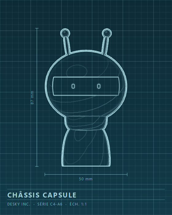 Dessin industriel du châssis capsule : tête arrondie sur un corps distinct, coté 87 mm de haut et 50 mm de large.