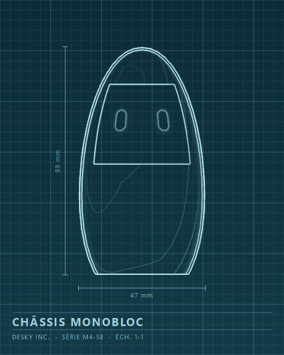 Dessin industriel du châssis monobloc : coque d'un seul tenant à grand écran, cotée 89 mm de haut et 47 mm de large.